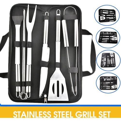 Stainless Steel BBQ Tools Set Barbecue Utensils Grill Gadgets Picnic Set Spatula Fork Tongs Knife Brush Skewers Outdoor Cooking