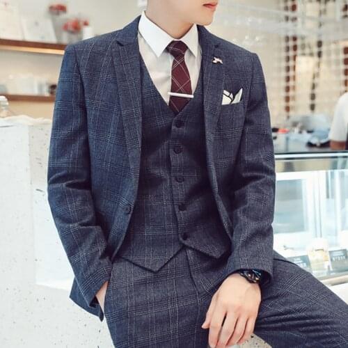 Jacket + Vest + Pants ) High-end Brand Boutique Plaid Mens Business Suit 3Pce Set Groom Wedding Dress Performance Banquet Suit