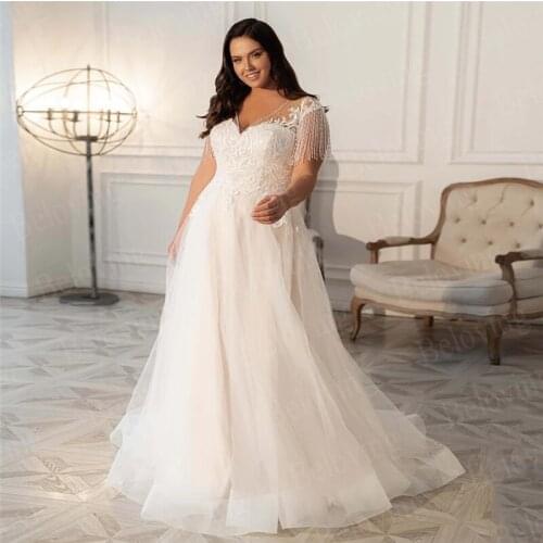 Bling Tassel Sleeves Wedding Dresses Sexy V Neck Beading Applique Bride Dress 2021 A Line Plus Size Beach Bridal Gowns Robes