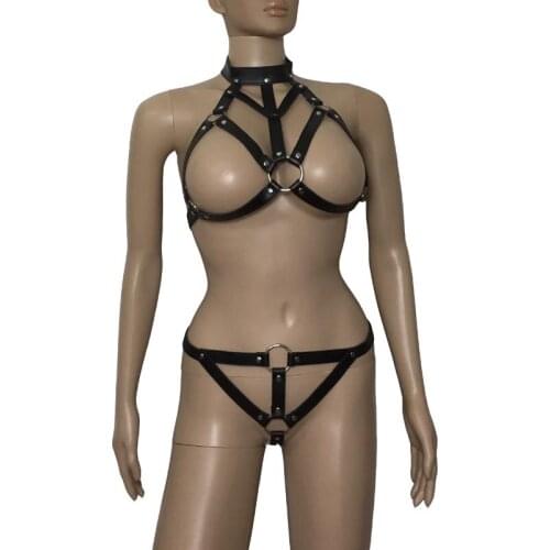 Sexy Women PU Leather Bondage Bikini Open Breast Body Harness Bra Top G-String Fetish Mistress Costume