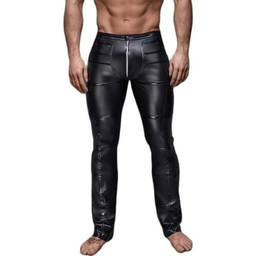 Sexy Men Plus Size Stripe PVC Shiny Pencil Pants Tight Faux Leather Fashion Glossy Punk Pencil Pants Erotic Lingerie Gay Wear 34