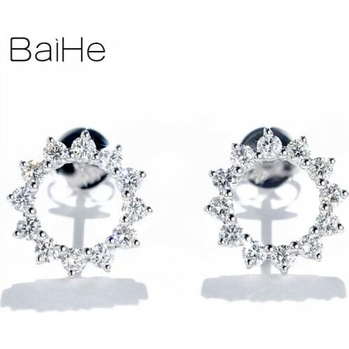 BAIHE Solid 14K White Gold 0.46ct H/SI Round Natural Diamonds Wedding Trendy Fine Jewelry Diamond Stud Earrings Women серьги