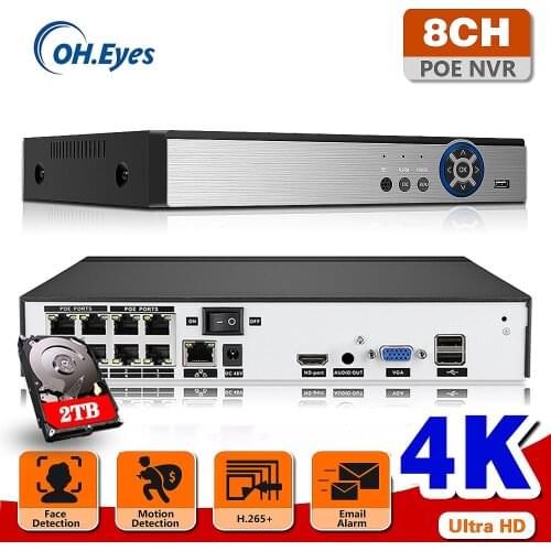 4K 8MP NVR Ultra HD H.265+ 8CH POE Network Video Recorder ONVIF NVR Suppot Face record & Face playback Infrared alert P2P