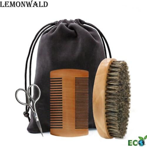 High quality Soft Bristle, Wooden Beard Brush, High Quality Razor Accessories, Beard Comb, Brush And Scissors Set, Gift Bag Set