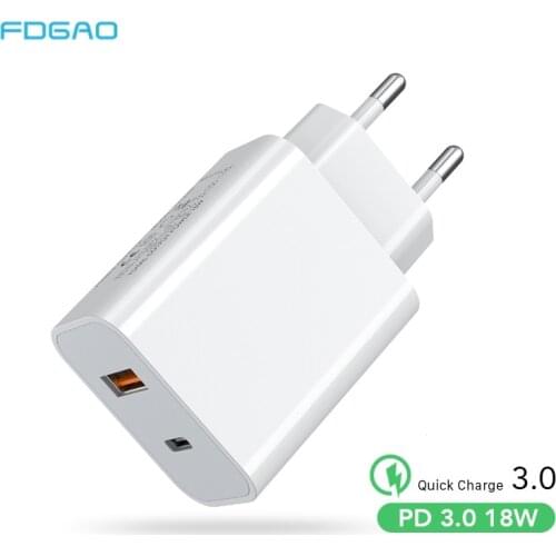FDGAO 18W Dual USB PD Charger Quick Charge 3.0 Type C Fast Charging For iPhone 12 11 Pro Max Samsung QC3.0 Phone Charger Adapter