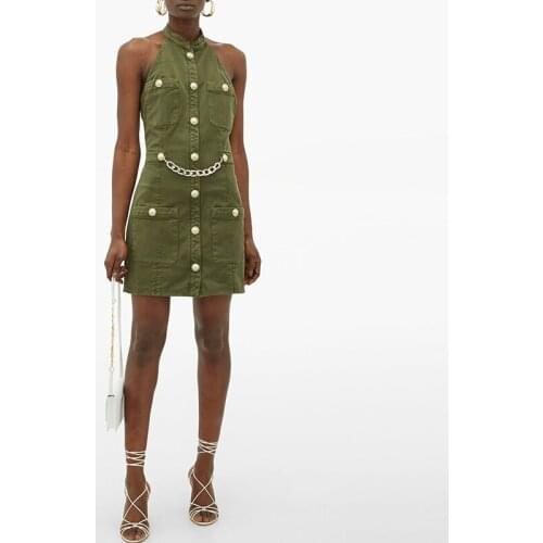 Free Shipping 2021 Summer Dress Women Army Green Single Breasted Chain Bodycon Dresses Backless Sexy Evening Party Club Dress
