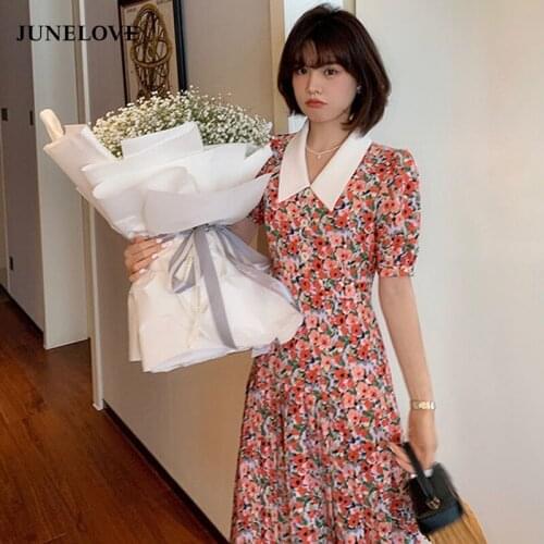 JuneLove 2021 Summer Sweet Elegant Dress Women Short Sleeve Floral Printed Dress Office Lady Beach One Piece Dress Korean Casual