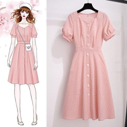 Sweet Chic Women 2021 Short Sleeve V-Neck Slim Plaid Dress Single Breasted Cotton Linen Pink Casual Summer Dresses Vestidos