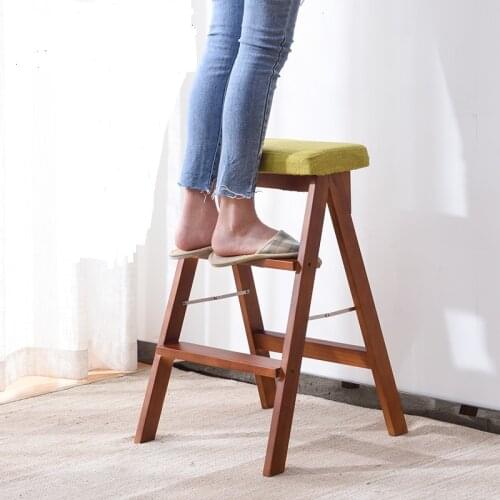 15%Solid Wood Step Stool Home Three Step Folding Ladder Room Indoor Multi Function Ladder Chair Kitchen Dual Use Ascending Stair