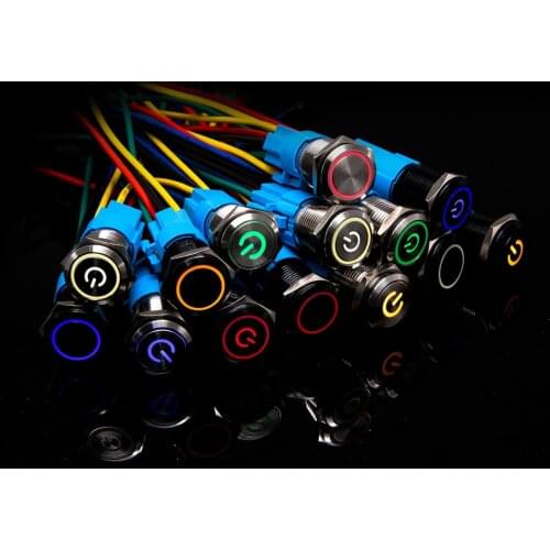 16mm Latching Metal Press Push Button Switch Self-locked black Momentary Reset Waterproof LED Power Symbol Ring Lamp 1NO1NC