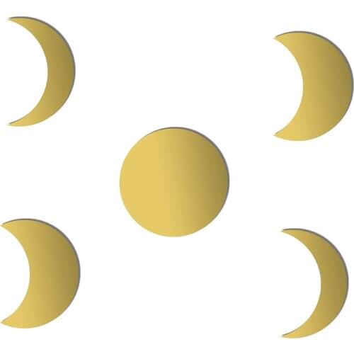 5 PCS Moon Wall Mirror Nordic Style Wooden 3D Wall Decoration Mirror Wall Stickers Room Decoration Bohemian Style Home Design