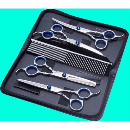 6PCS Grooming Scissors Cat Stainless Steel Hair Animal Cutting Pet Dog Curved Thinning Groomer Shear Sharp Edge Cutter Comb Kit