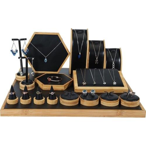 Bamboo wood PU leather jewelry counter display props ring earring jewelry rack jade window display set