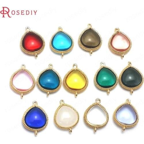 C582)10 pieces 19x14mm 24K Champagne Gold Color Brass and Glass 2 Holes Drop Shape Connect Charms Pendants Findings Accessories