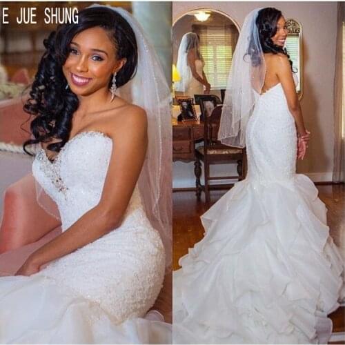 E JUE SHUNG New Luxury African Mermaid Wedding Dresses Backless Sweetheart Beaded Chiffon Ruffles Bridal Gowns robe de mariee