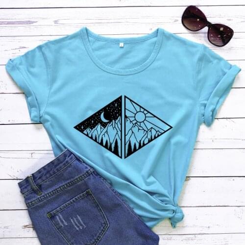 Sun And Moon Landscape T-shirt Aesthetic Summer Graphic Camping Tee Top Fashion Women Adventure Hiking Tshirt Dropshipping