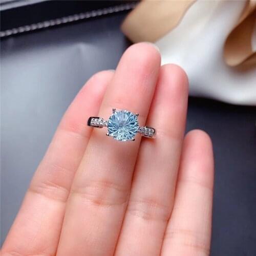 Classic 4 Prong Round Stone Ring Female Cute Aqua Blue Crystal Zircon Engagement Ring Charm Silver Color Wedding Rings For Women