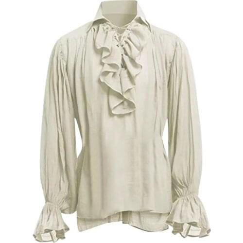 2020 Medieval Renaissance Men Retro Pirate Ruffle Shirts Casual Top Costume Solid Color Long Sleeves Lapel Leisure Time