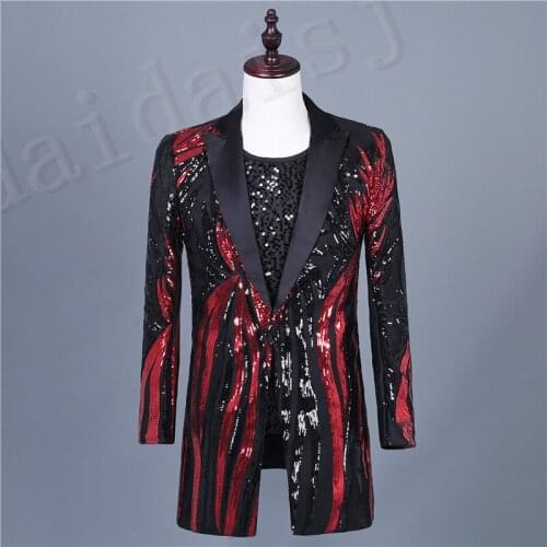 Men Blazer Suit Jacket Sale Red Plus Size Printed Suit Stage Costumes For Singers Personality Coat Sequins Long Section Clothing