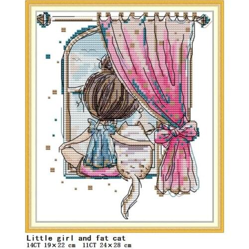 Joy Sunday the little girl and the fat cat Cross stitch kit character pattern 14CT 11CT DIY embroidery home decoration painting