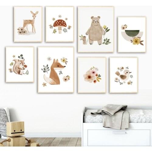 Watercolor Fox Deer Bear Squirrel Mushroom Leaf Wall Art Canvas Painting Nordic Posters And Prints Wall Pictures Kids Room Decor