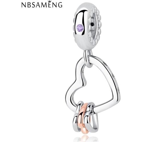 NBSAMENG 100% 925 Sterling Silver Bead Heart Highlights Dangle Charm Lilac Crystal Beads Fit Bracelets Women DIY Jewelry
