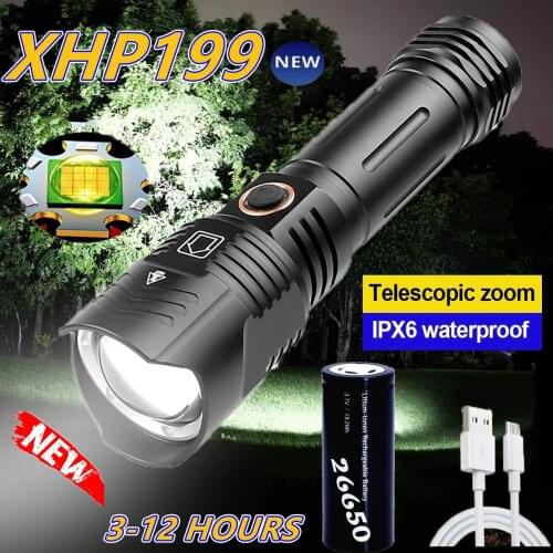 2021Newest XHP199 LED Flashlight Zoom Torch USB Rechargeable Most Powerful xhp50 Torch by 18650 Lantern Portable Handheld Light