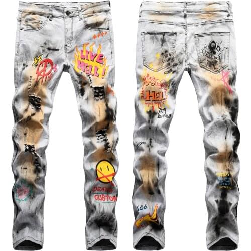 New mens male trousers street hip-hop style bleaching dyeing and pigment slim stretch painted printing jeans denim pants