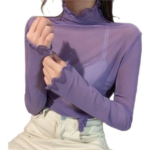 2021 tees autumn new candy color net yarn WOMEN t-shirts shirt for girls with high neck blouse top thin P3 1151