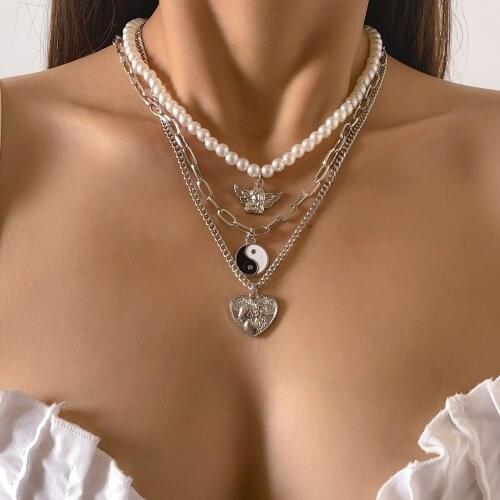 New Arrival Pearl Necklaces Womens Punk Beads Little Angel Tai Chi Gossip Hollow Out Alloy Pendant Necklaces Jewelry for Girls