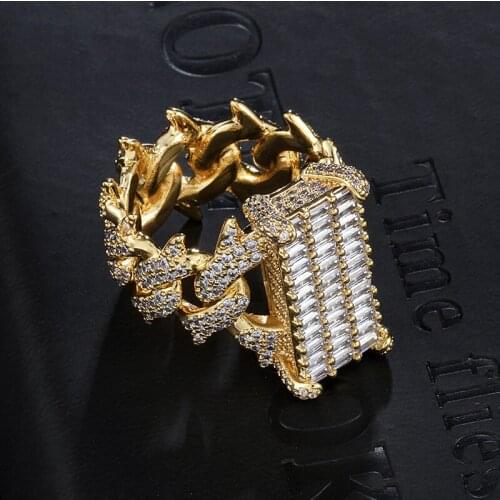 New Fashion Charm Hip Hop Cuban Link Chain Ring Mens Hip Hop Gold Color Iced Out Cubic Zircon Jewelry Rings 8 9 10 11 Five Size