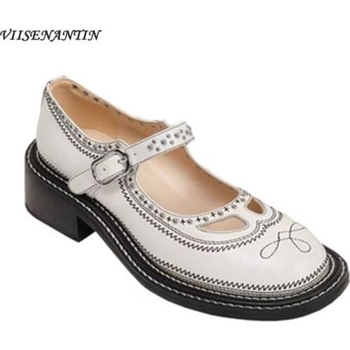 New Thick-soled Rivet Buckle Mary Jane Single Shoes Round Toe Increased Embroidery High-heeled Small Leather Shoes Womens Trend