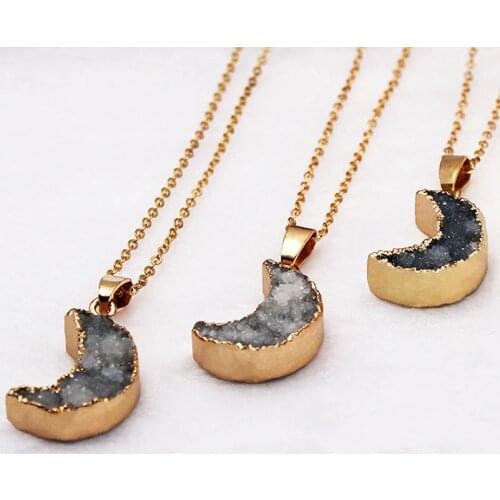 Natural Druzy Crystal Moon Pendant Necklace 18 inch Electroplated Healing Crystal Quartz Chakra Gem Stones Jewelry Women Girls