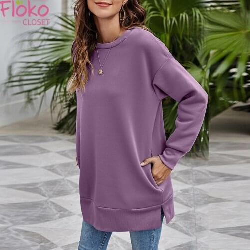 Flokocloset Casual Long Sleeve Solid O-neck Oversizes Sweatershirt Casual Tops Autumn Spring Purple Hoodies