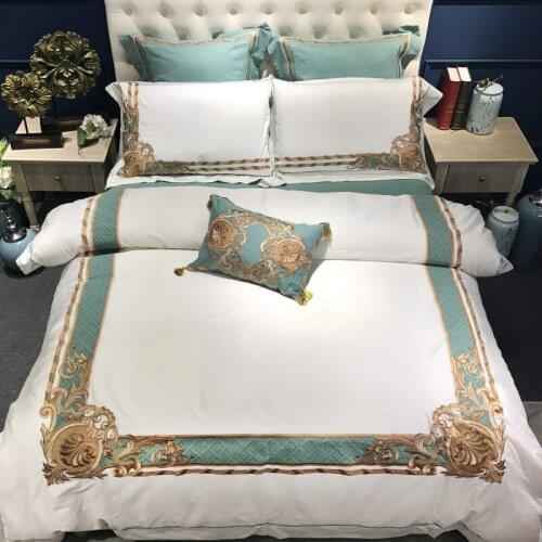 Premium Luxury White 100S Egyptian cotton Green Embroidered Bedding set Queen King Royal Duvet cover Hotel Bed sheet set 4/6pcs