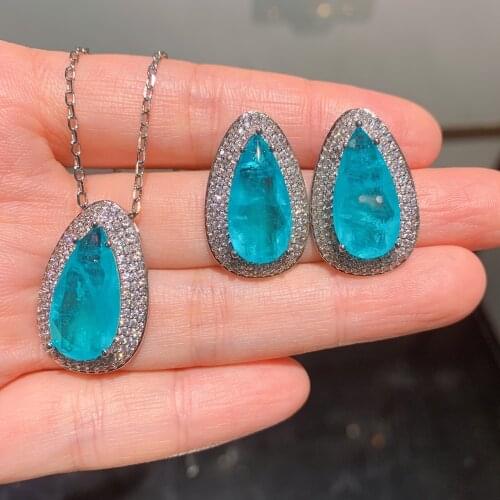 QTT Classic 925 Sterling Silver Bridal Luxury Jewelry Set Paraiba Tourmaline Gemstone Water Drop Necklaces Earring Ring Sets