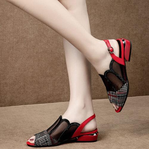 Peep Toe Sandals Low Square Heel Woman Mesh Shoes Casual Hollow out Buckle Strap 2021 Spring Summer NEW BIG SHOE BLACK RED
