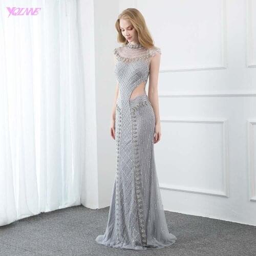 YQLNNE Sexy Silver Rhinestone Evening Dresses Long Mermaid High Neck See Through Back Evening Gown Party Dress