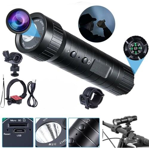 Waterproof Bicycle Handlebar Light USB Charging Mini HD 1080p DV Camera 500M Range Night Cycling Helmet Light Flashlight Compass