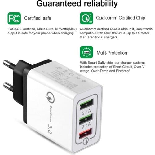 18W 3 Ports USB Charger Quick Charge QC 3.0 For iphone X 7 8 XR XS MAX iPad Samsung S8 Huawei Xiaomi Fast Charger QC3.0 EU Plug