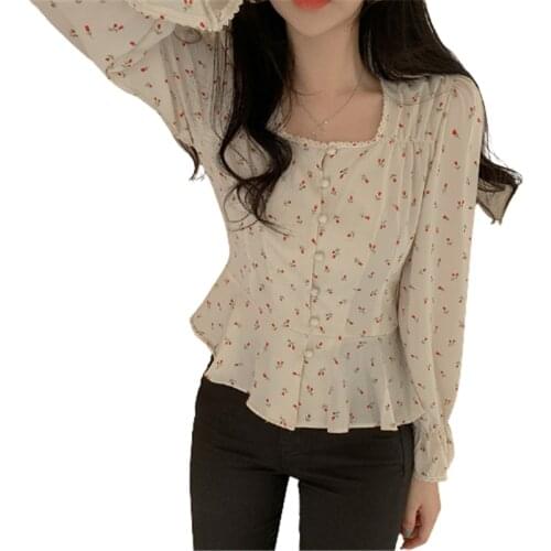 Elegant Korean Square Collar High Waist Florals Slim 2020 Streetwear Sweet Blouses Casual All Match Women Cute Short Shirts