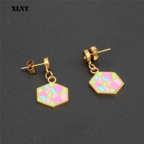 XLNT Korean Colorful Enamel Flower Hexagon Drop Earrings For Women 2019 New Statement pendientes Trendy Jewelry