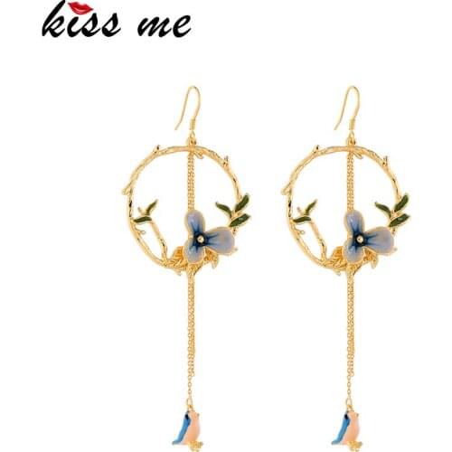 KISS ME 3 Colors Enamel Bird Flower Women Earrings Korean Fashion Gold Color Copper Round Dangle Earrings Luxury Jewelry