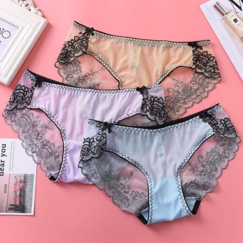 Womens Underwear Sexy Low Waist Embroidery Lace Underwear Transparent Mesh Briefs Wholesale