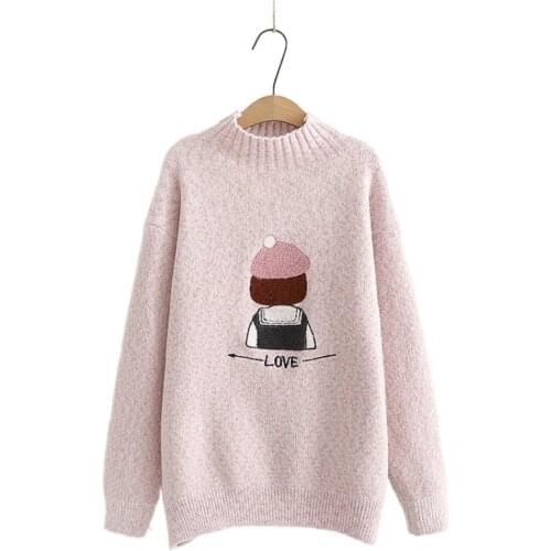 2021 Winter Women Knitted Pullovers Sweaters Full Sleeve Stand Up Collar Warm Jumpers Female Soft Graphic Embroidery Knitwear