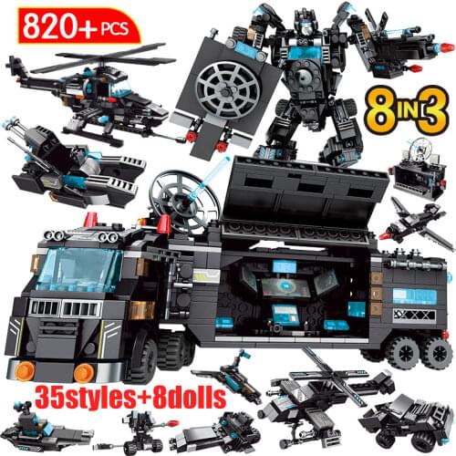 820PCS City Police Station Truck Deformation Robot SWAT Helicopter WW2 Car Building Blocks Technical Weapons Bricks Toys
