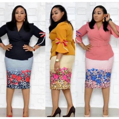 African Clothes High Quality Two Pieces Set Women Office Lady Elegant Flower Printed Flare Sleeve Bow Pencil Dress Suits