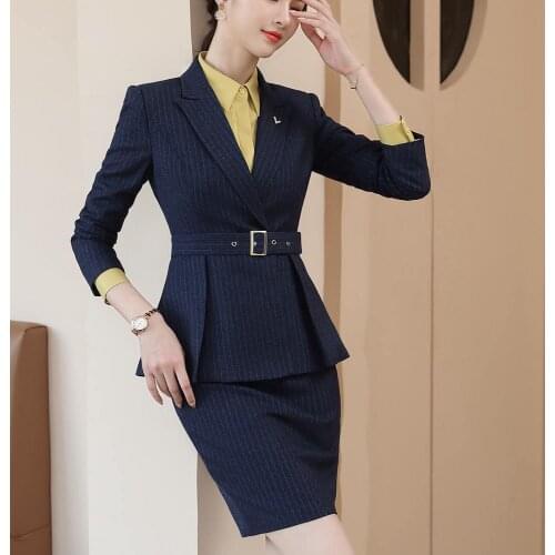 Business Interview Striped Suit for Womens Suit Office Clothes Elegant Ruffle Jacket Skirt 2 Piece Set Work Uniform 80976