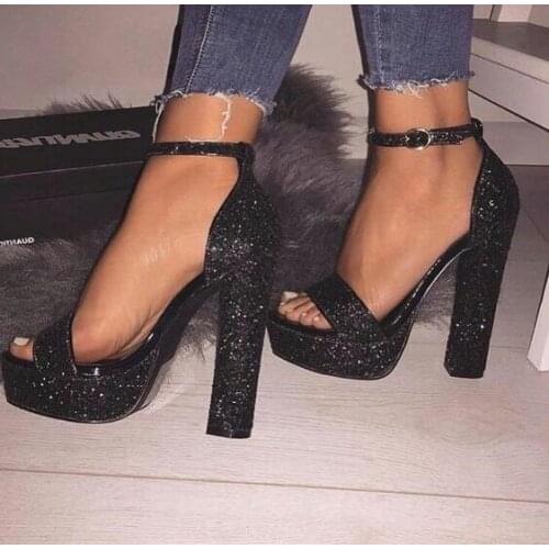 Black Sparkle Platform Heels Women Sandals Sexy Ankle Strap Cut-out Women Square Heels Sandals Ladies Dress Shoes High Quality