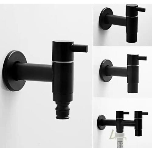 304 Stainless Steel Black Washing Machine Faucet Wall mounted Double Bibcock Outdoor Garden Washing Machine Mop Tap